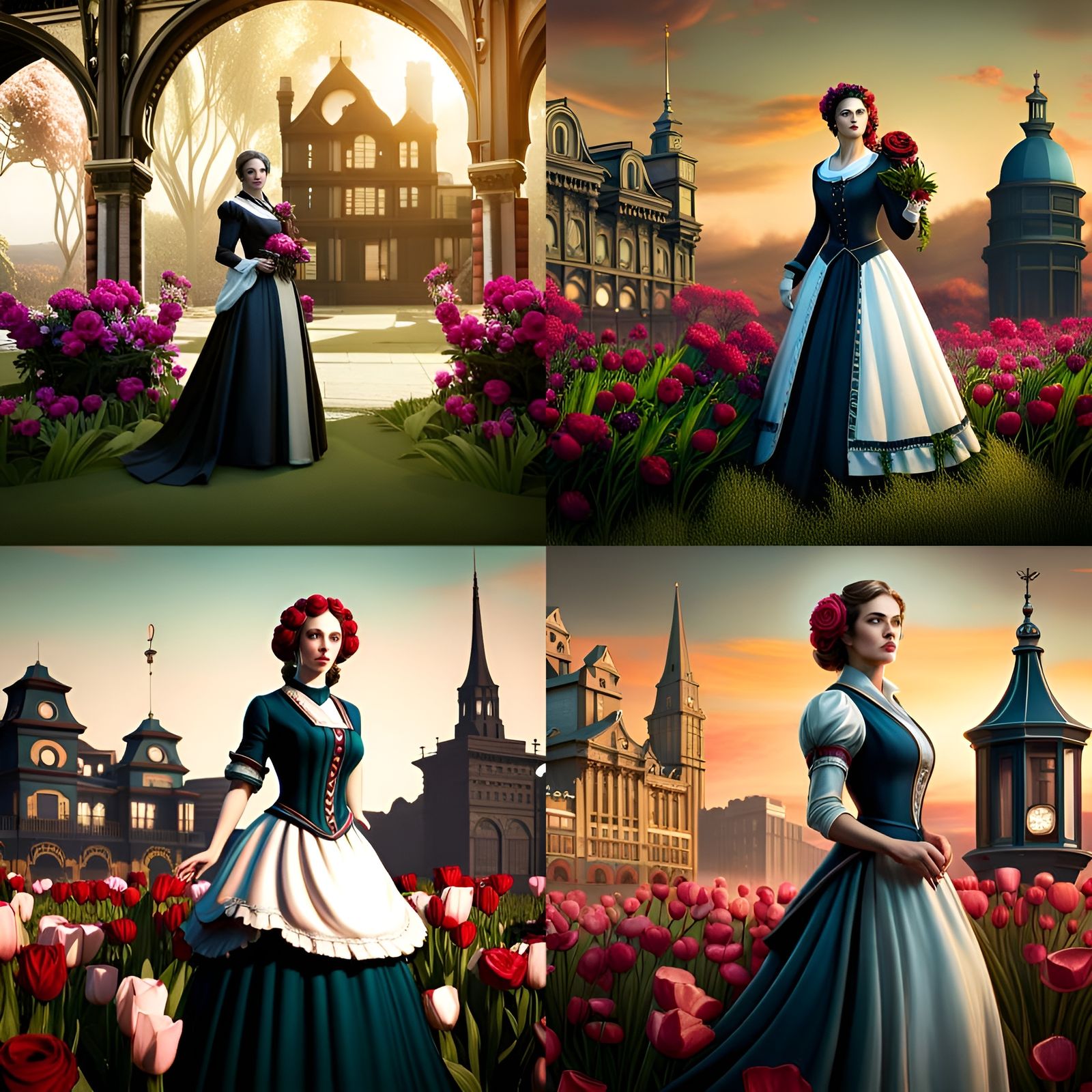 Victorian woman, flowers, buildings