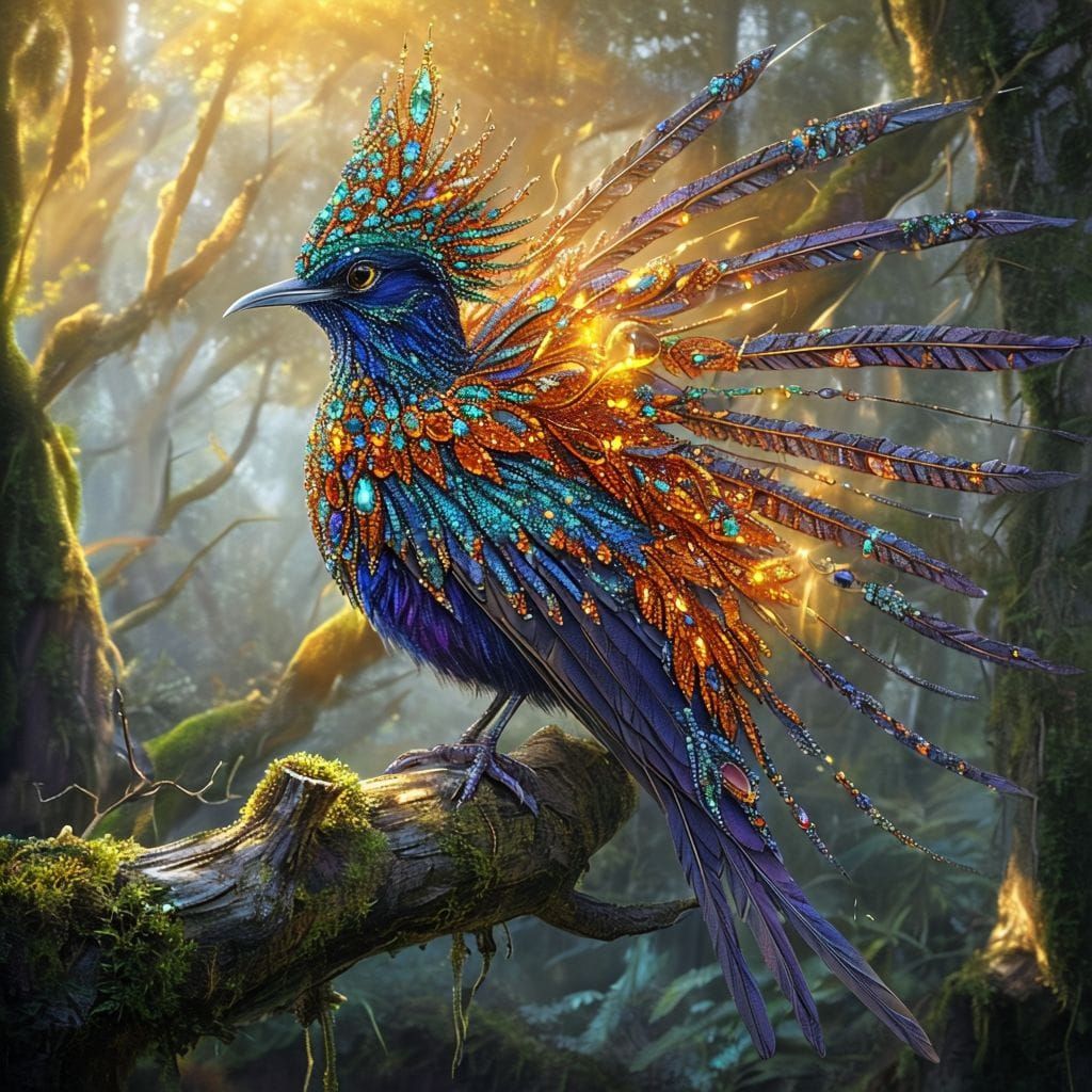 Vibrant bird adorned with gemstones in a mystical forest