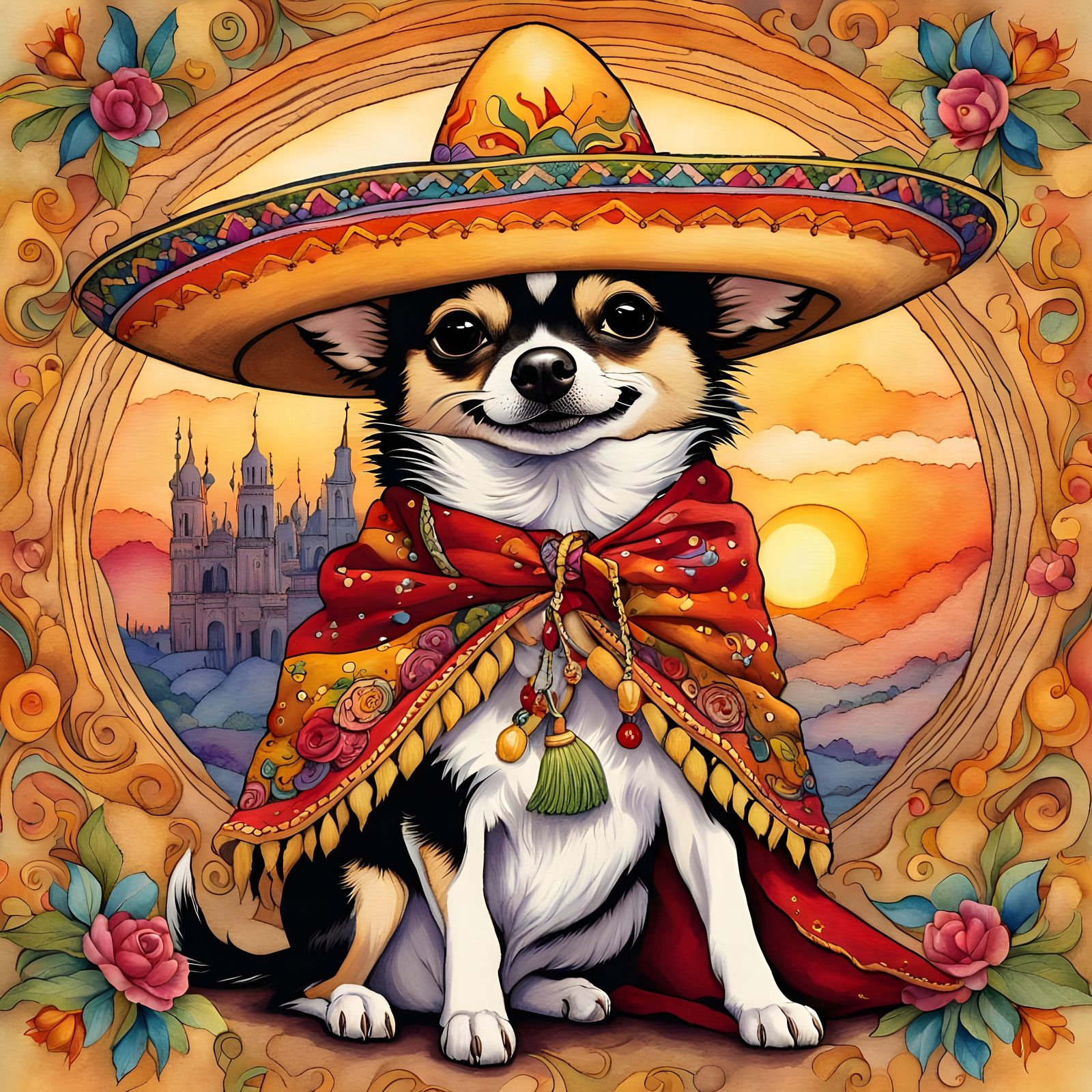 A cheerful chihuahua in a colorful sombrero.   by @Stoney