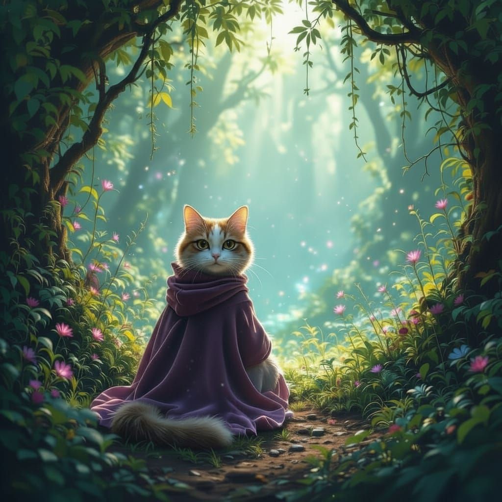 A whimsical cat, rendered in a detailed matte painting style, sits before a shimmering, iridescent portal hidden within a lush, overgrown fo...
