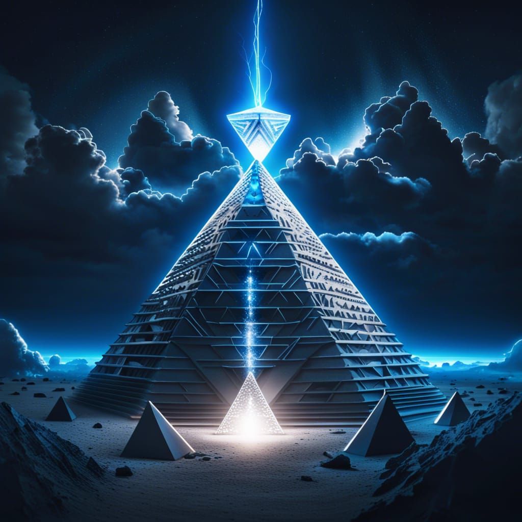 "The White and silver pyramid is a  emitting blue eclectic lightning charges that fill the night sky, the moon is centered