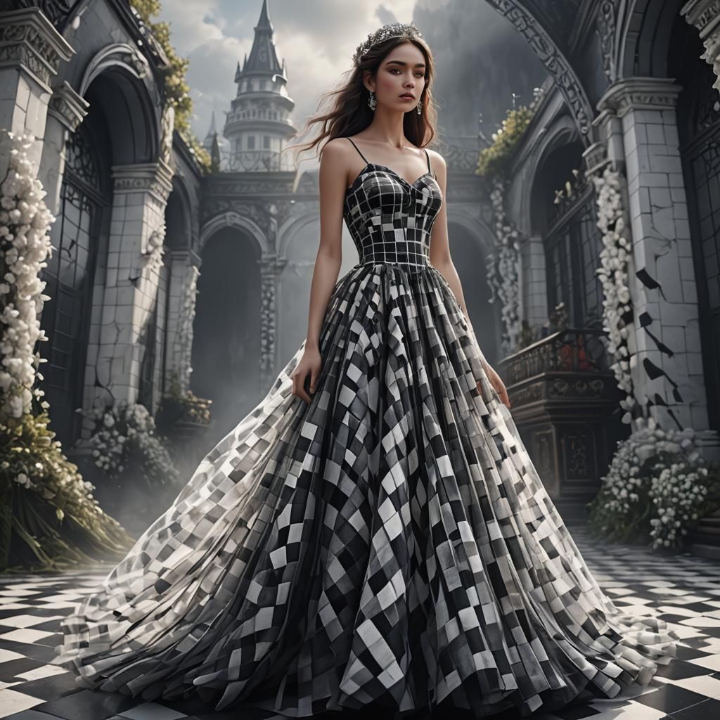 A beautiful woman with a black white in check pattern floor ...