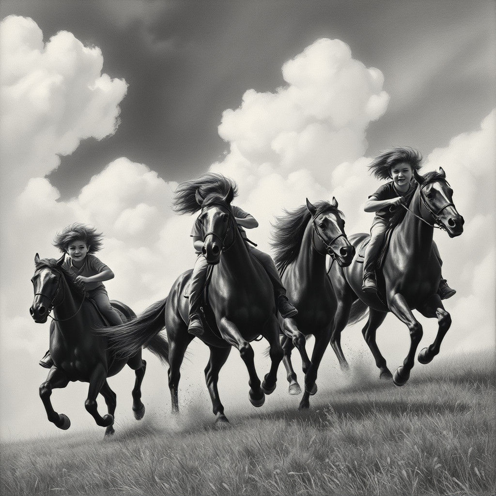 Boys Galloping on Horses: Charcoal Drawing