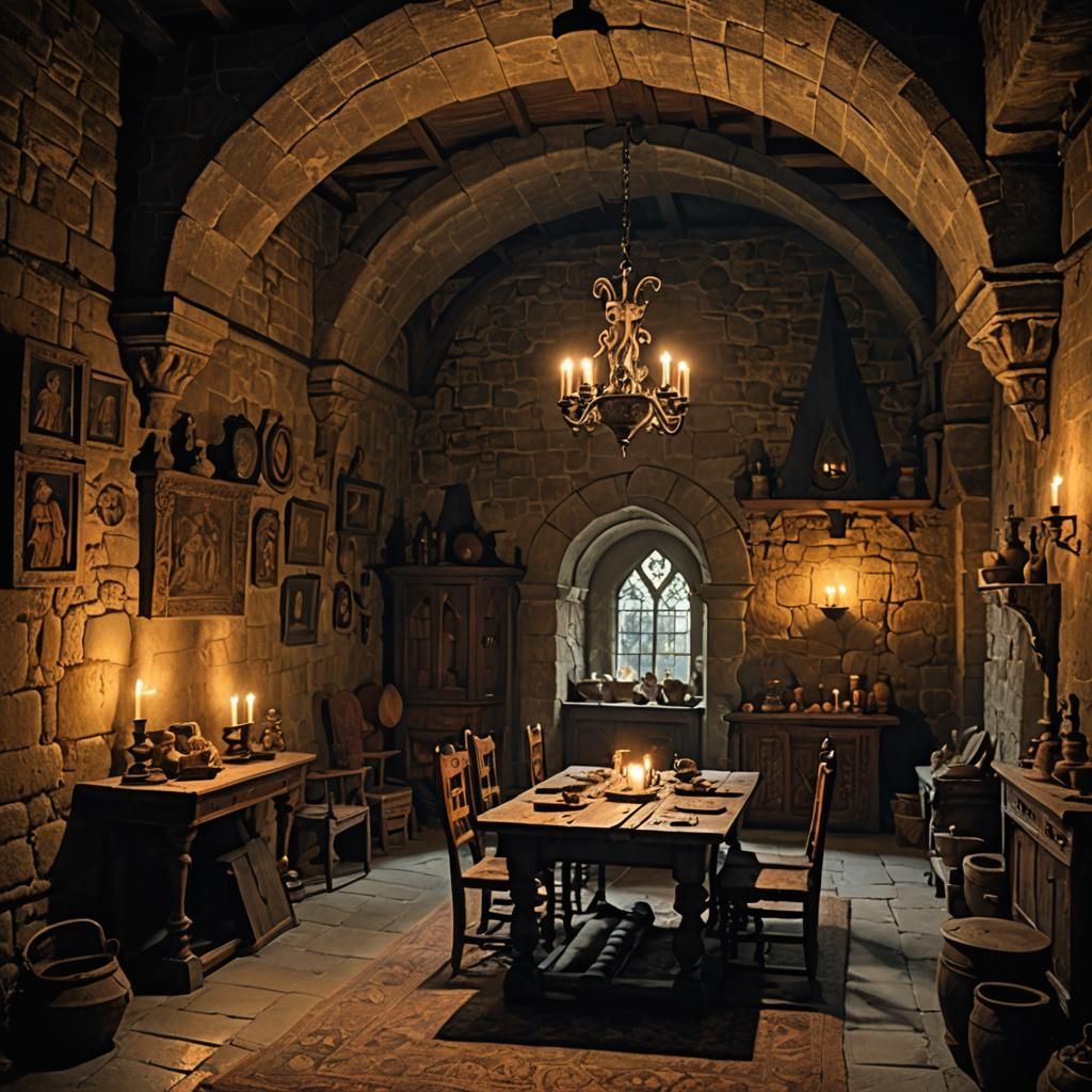 The dimly lit chambers of a medieval lair where shadows dance across the walls  by @Wagawoman