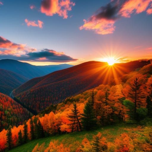 ultrarealistic sunset in the mountains of West Virginia in autumn ...