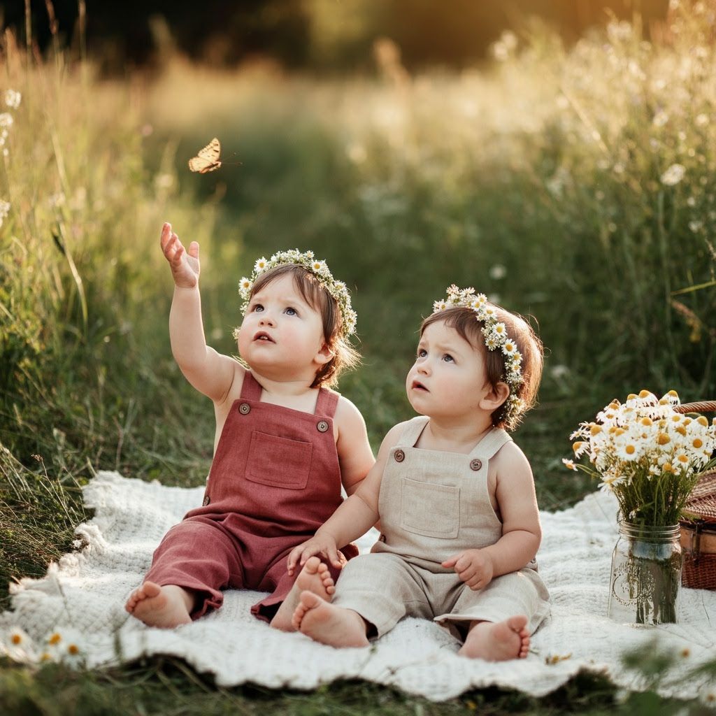 Twins in Meadow: A Nostalgic Childhood Moment