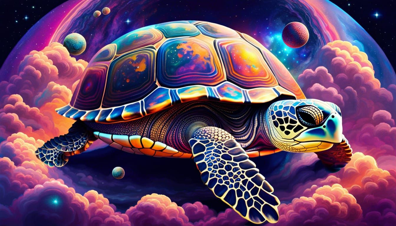 Psychedelic Turtle in space, flat coin shaped globe/planet balanced on ...