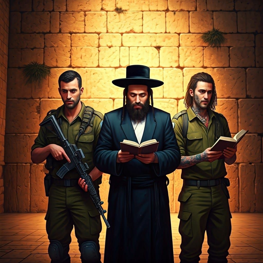 Orthodox Men Stand Before the Ancient Western Wall in Jerusa...