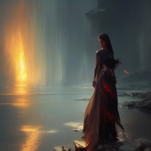 An elegant and mysterious lady between fire and water.  fant...