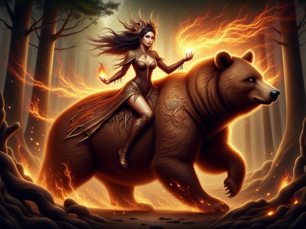 <lora:FiosMysticalArcadia:1.0> Rune Bear & Fire sorceress