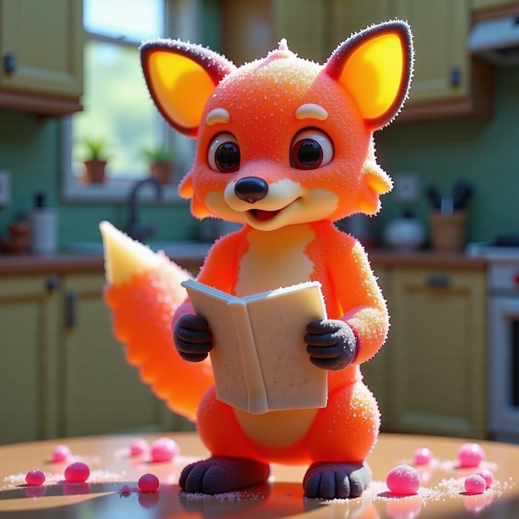 <lora:Gummy World:1.5> fox reading the newspaper gummy lolly