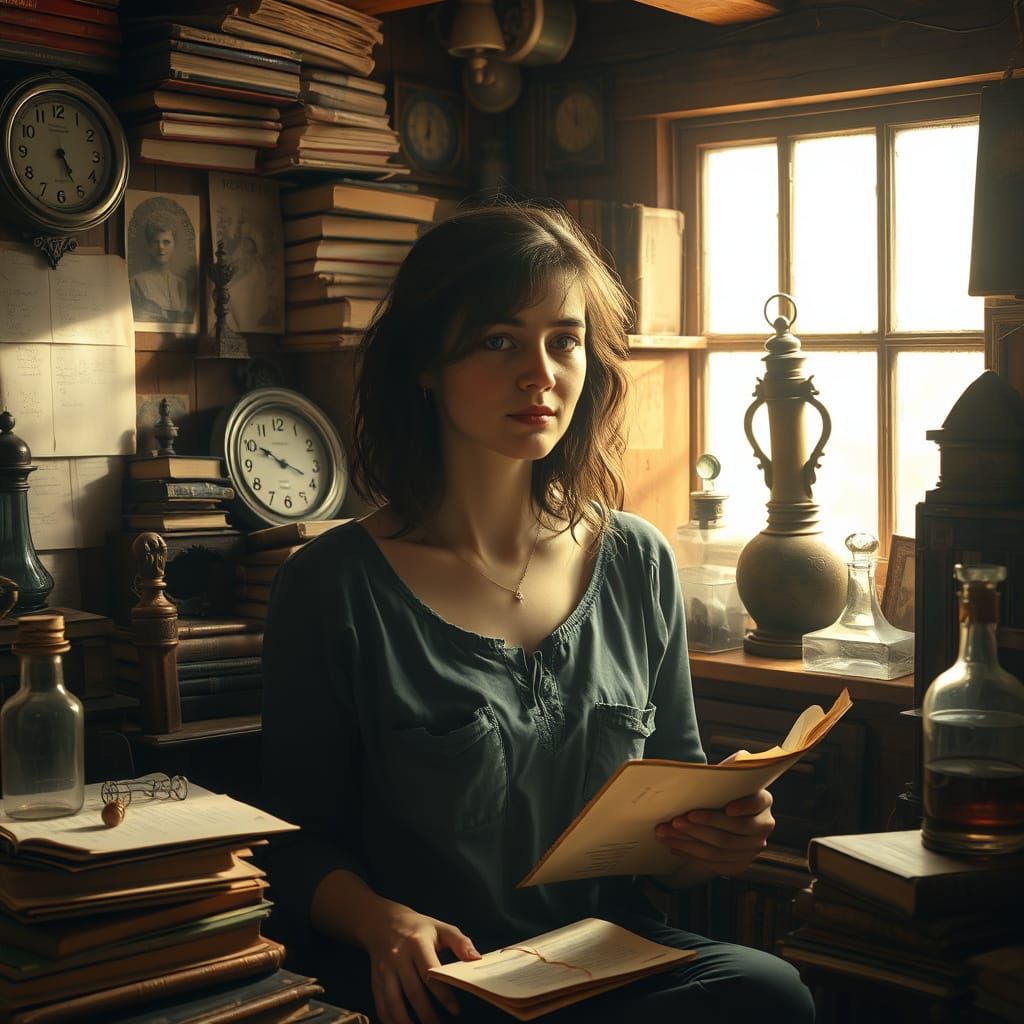 A cozy, sunlit attic filled with treasured objects: old books, handwritten letters, antique clocks, delicate glass bottl...