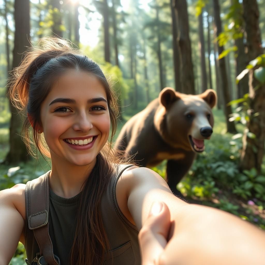 Bear photobombs a young woman taking a selfie   by @BulePanda