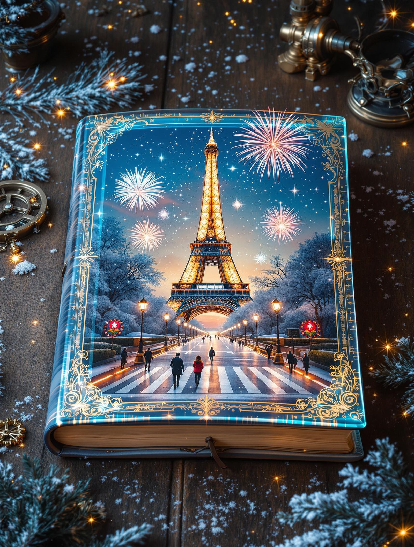 Eifel tower in the center of steampunk book