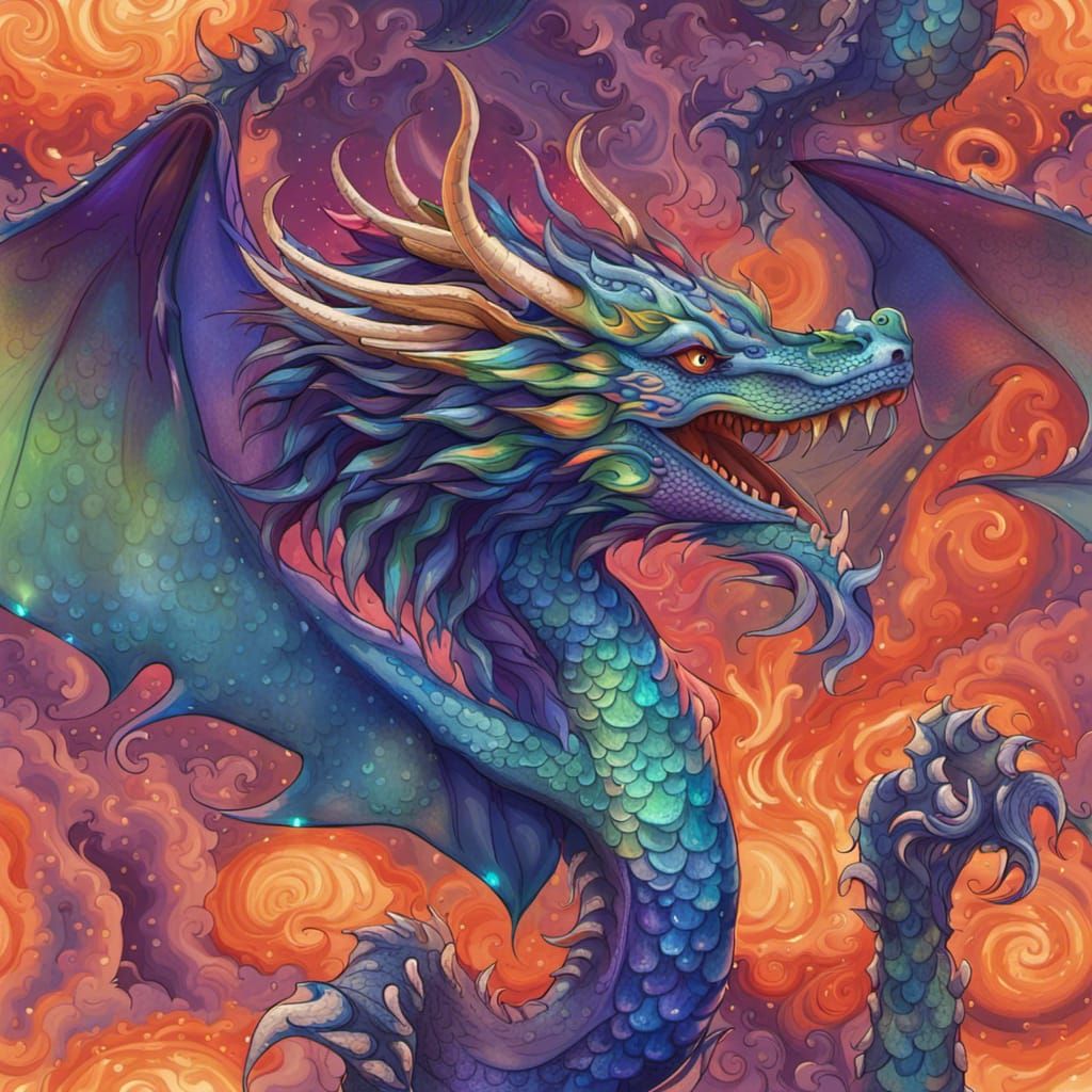 Blue, green, orange and purple dragon. Iridescent and radiant ...