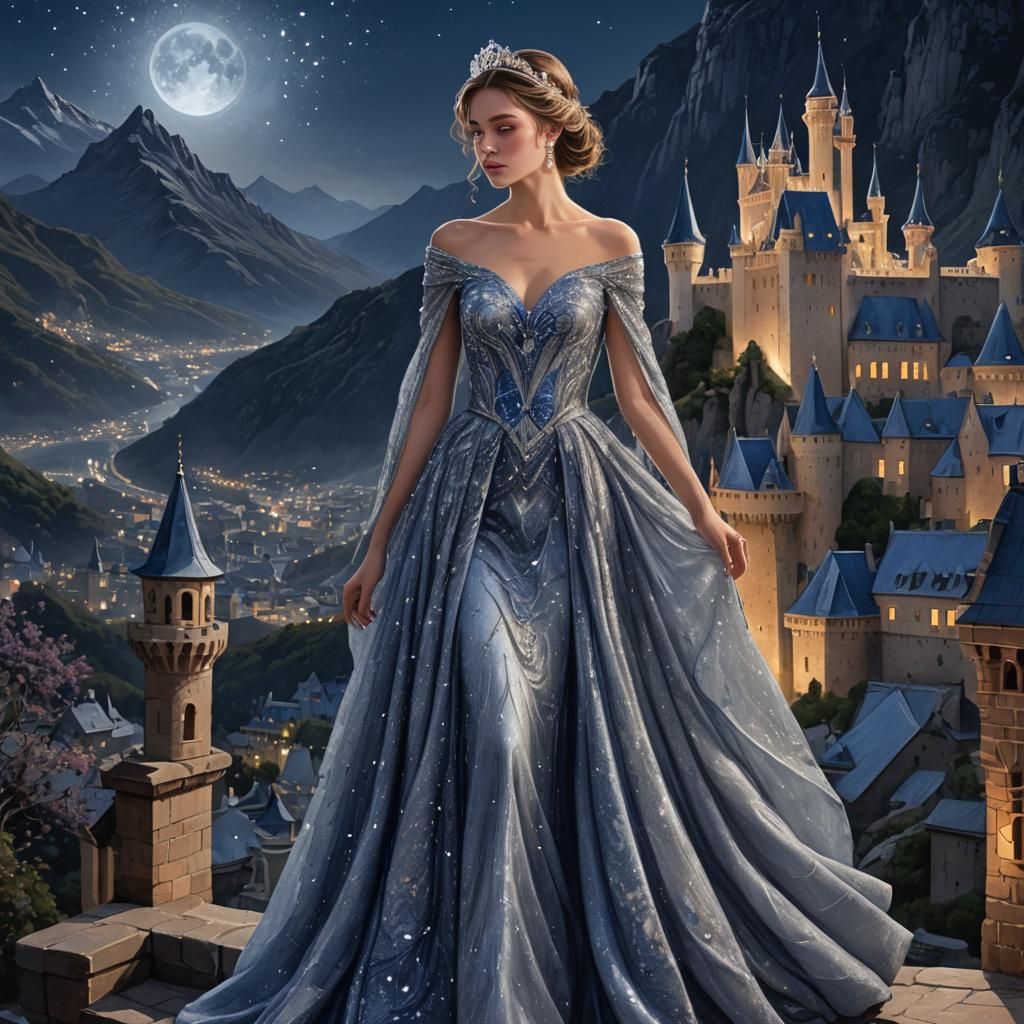 beautiful princes on terrace of castle with mountains in bac...
