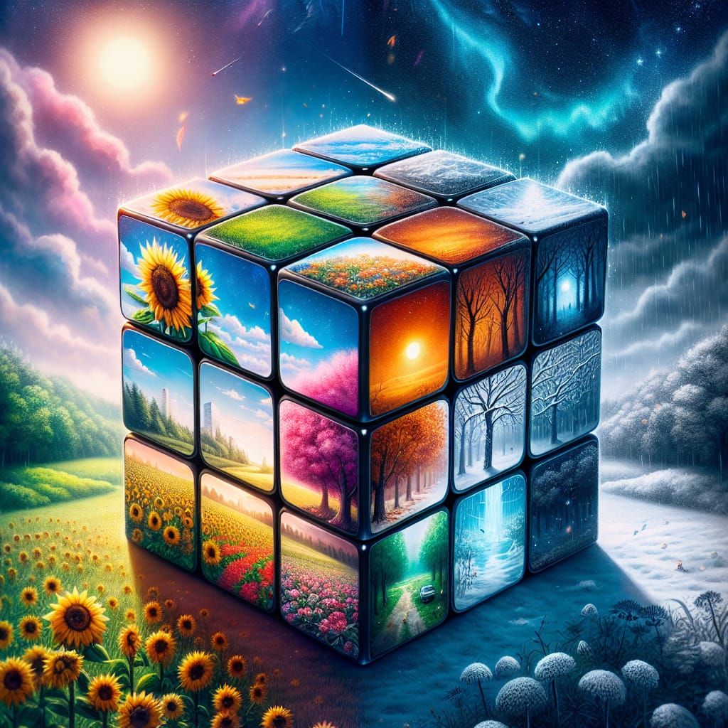 Against different seasonal coloured mixed magical background, A surreal Rubik's cube that shows 4 different scenes of 4 different seasons -...