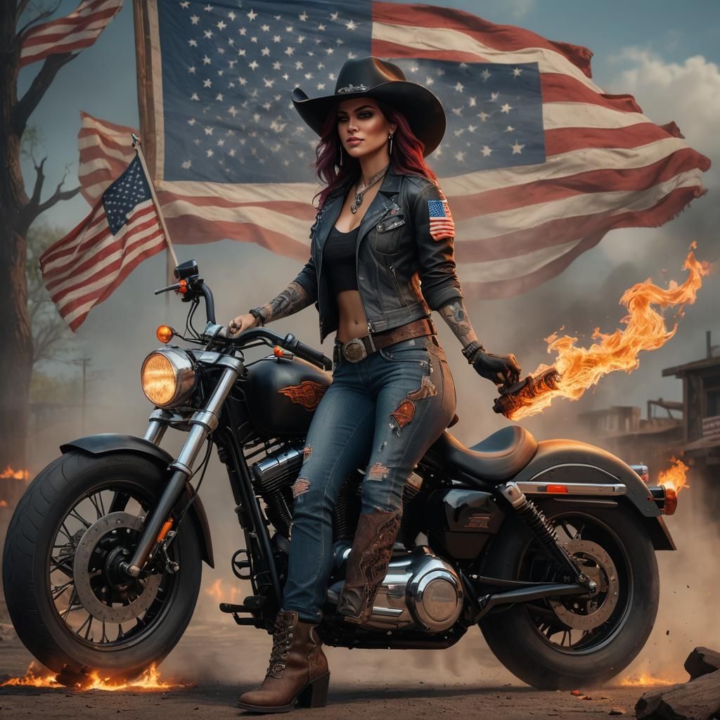 a beautiful cowgirl with flame tattoos dressed in jeans and ...
