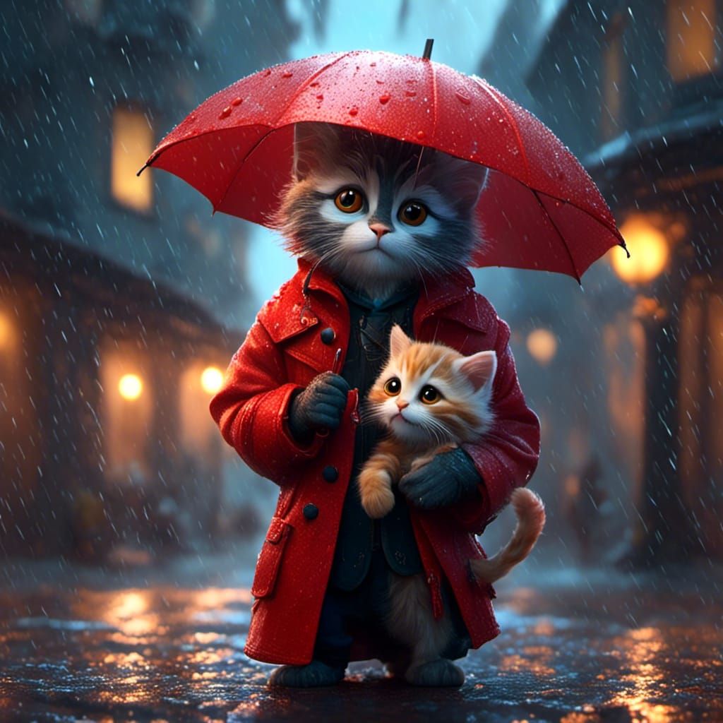 small kitten with big eyes from the rain