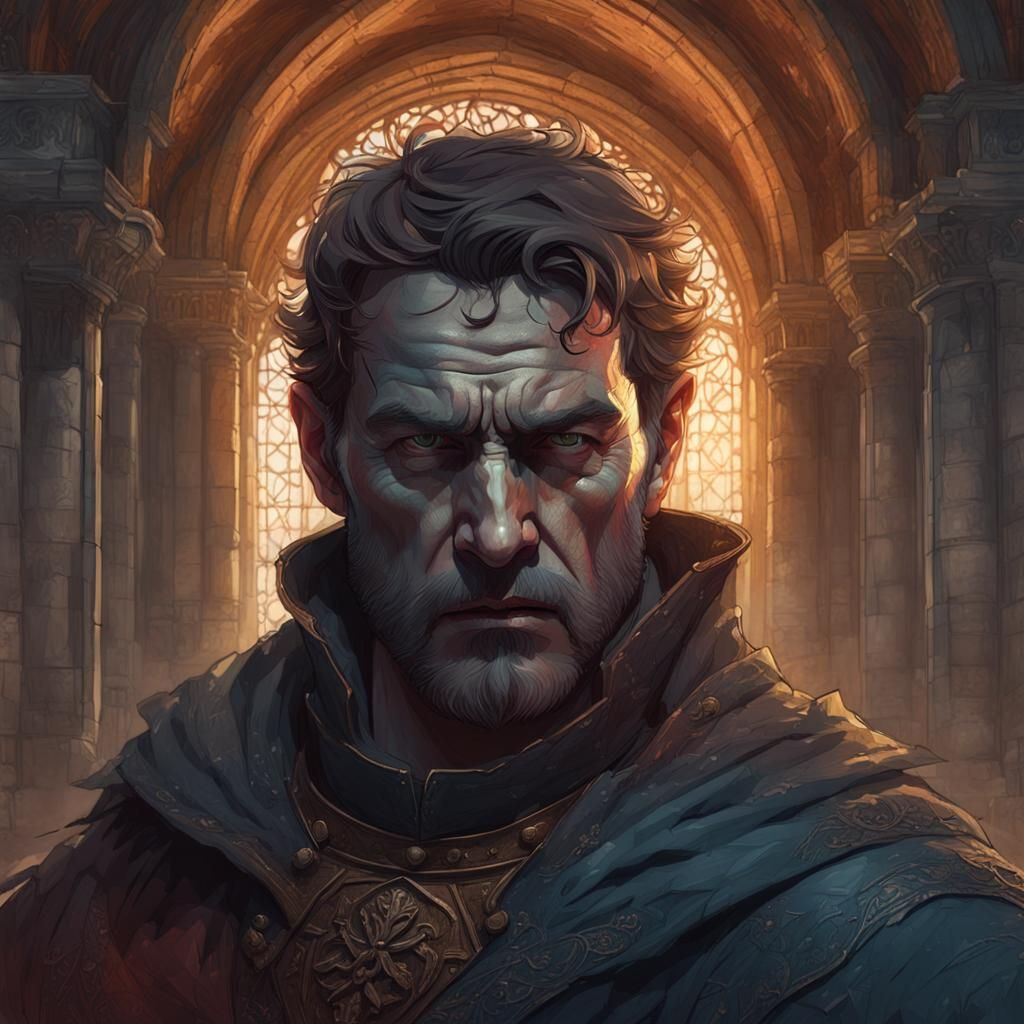 Banquo from shakespear's Macbeth;  inside a castle, hes a gh...