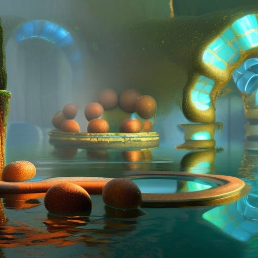 Water doughnut portal, Iridescent bubbles, bathtub, oily liq...