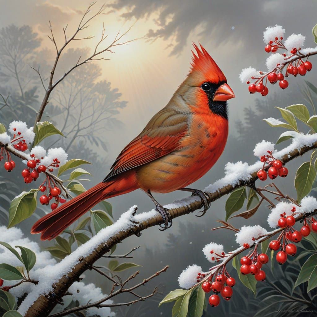 Fluffy cardinal on snowy branch  