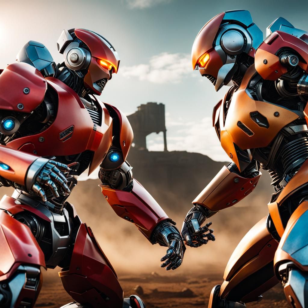 Two muscular robots in a battle field fighting each otger