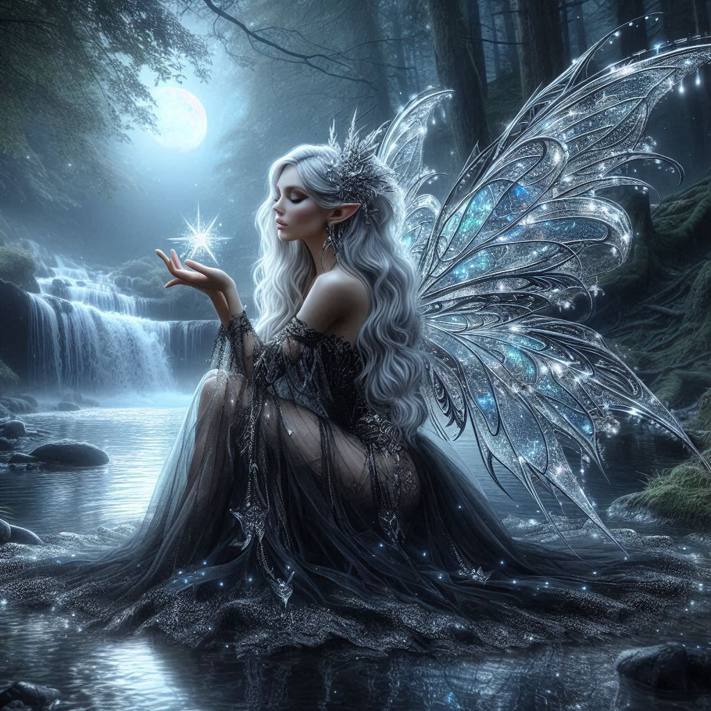 Mythical elf picking up a fallen star