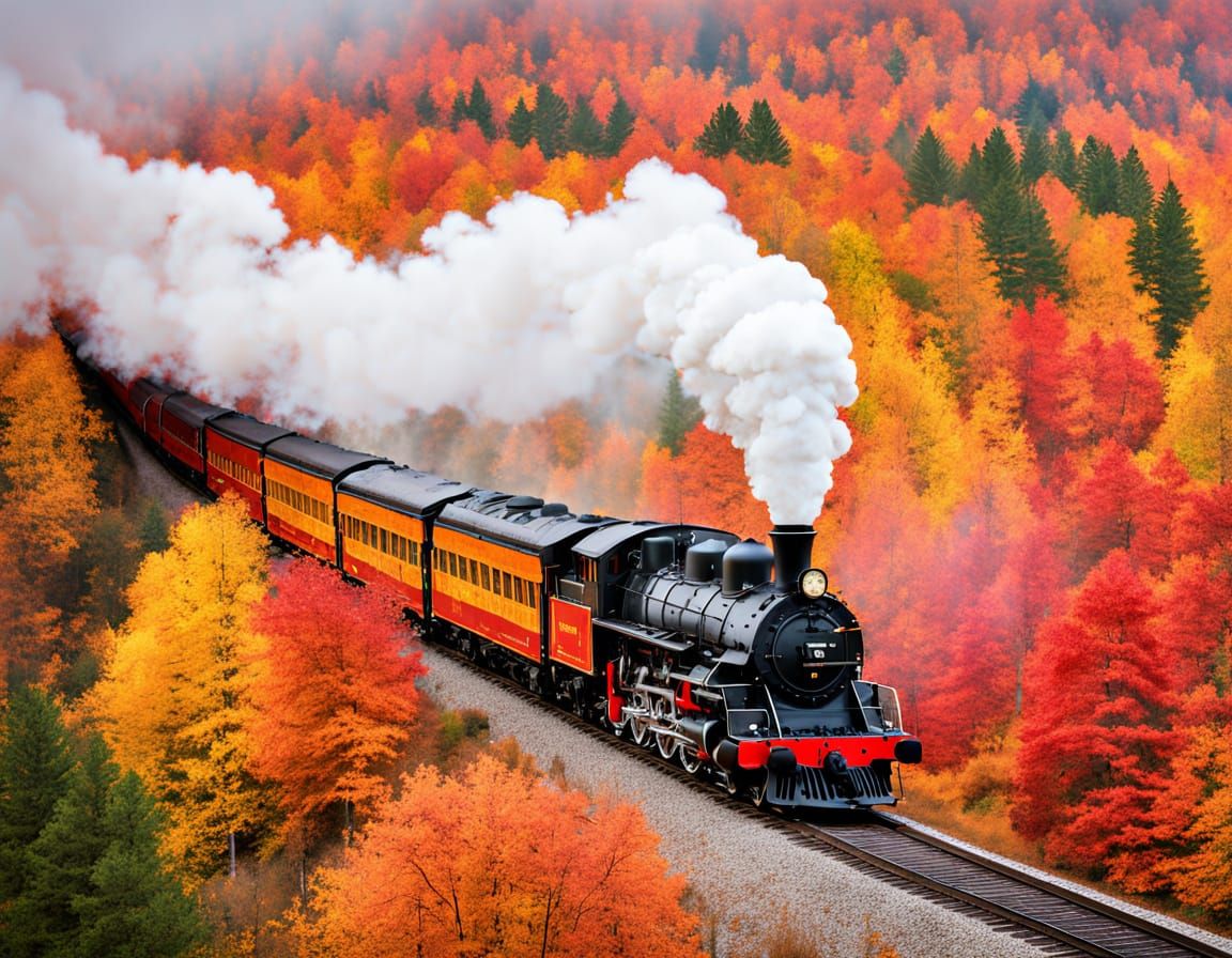 Vintage steam train travels through a breathtaking autumnal forest.