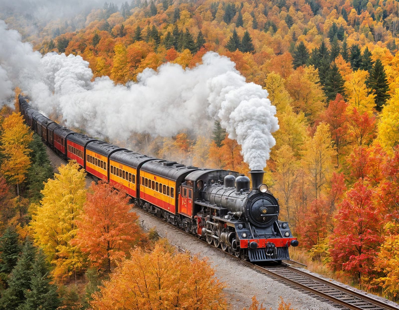 Vintage steam train travels through a breathtaking autumnal forest.  by @photon