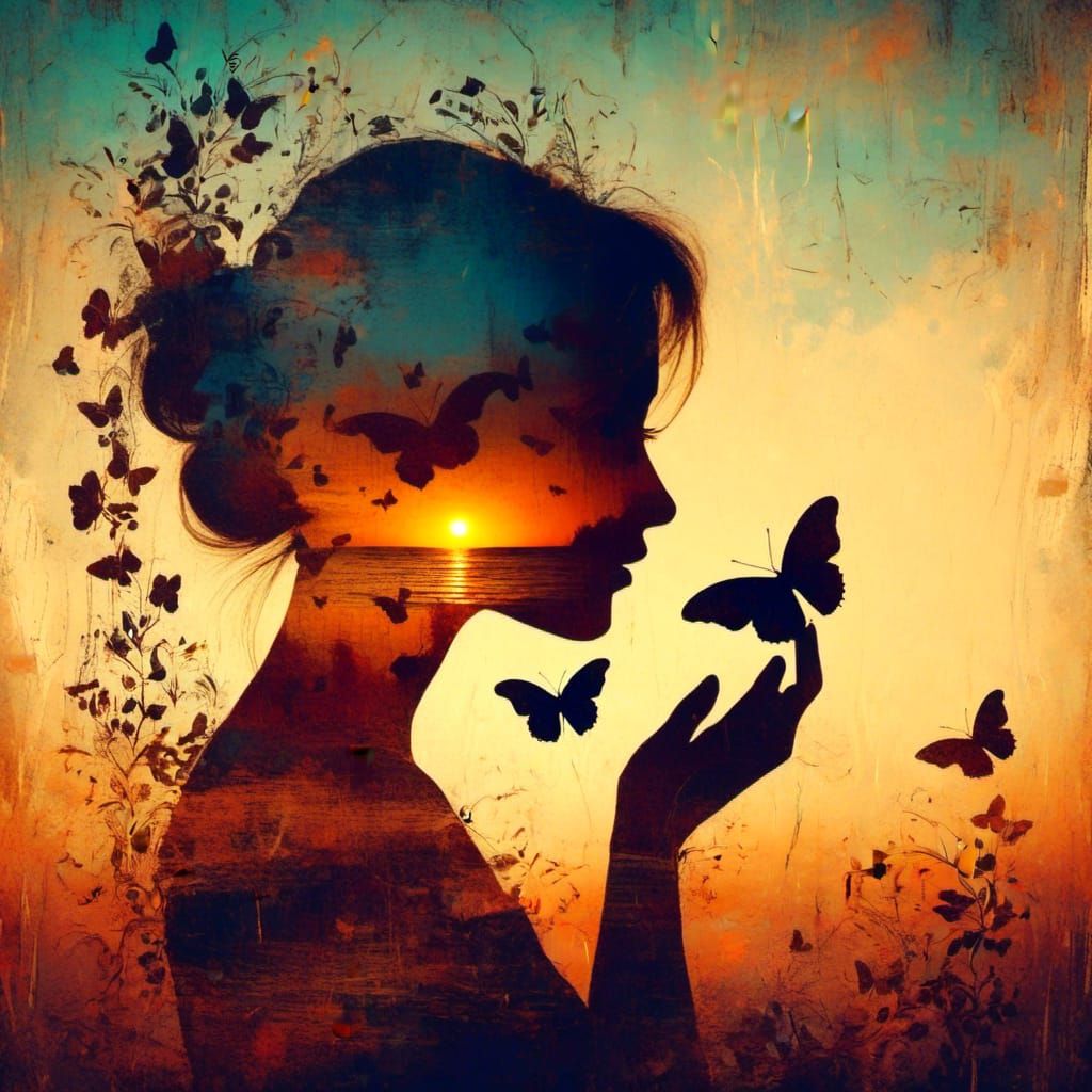 <lora:Vintage Vibe:1.0> A beautiful scratchy paint silhouetted woman and butterfly sitting on her nose, warm sunset hues, silhouette, warm,...