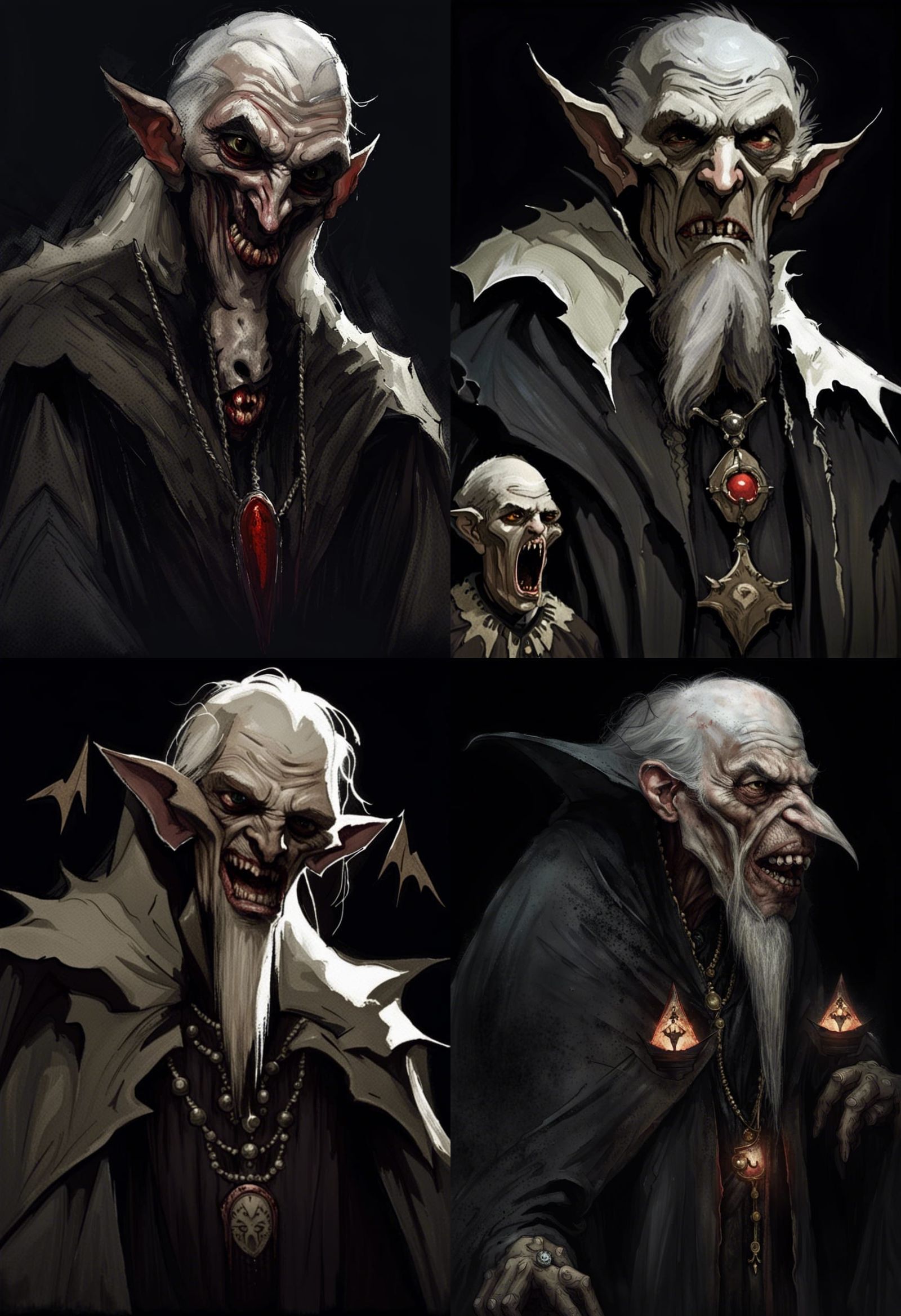 ugly victorian old man vampire, blind, sad, pointy fangs, dark