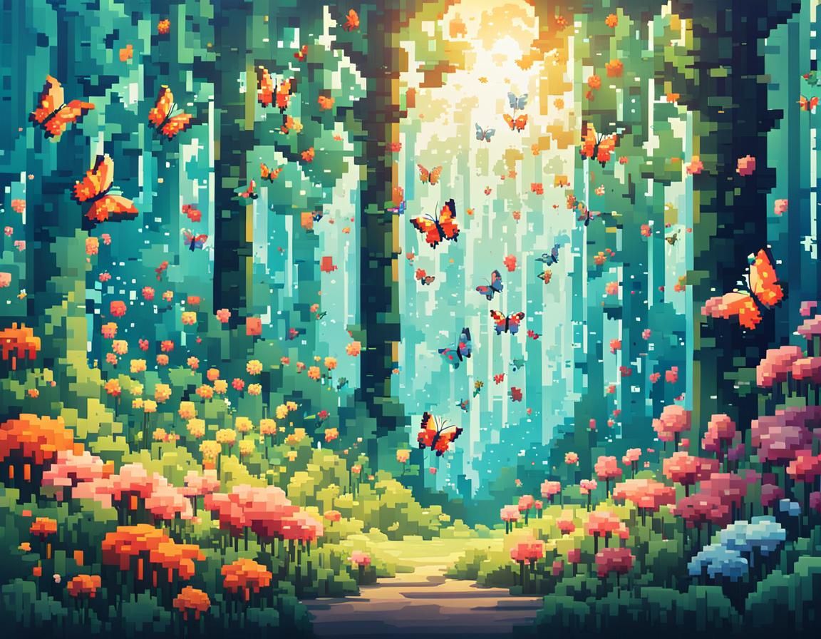 A pixelated forest with flowers and butterflies  by @Z33MA