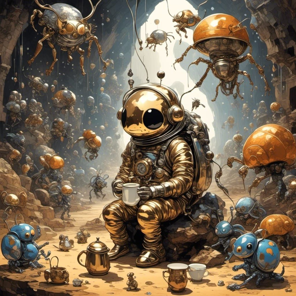 <lora:Metallic Balloons:1.0> Bug alien tea party 