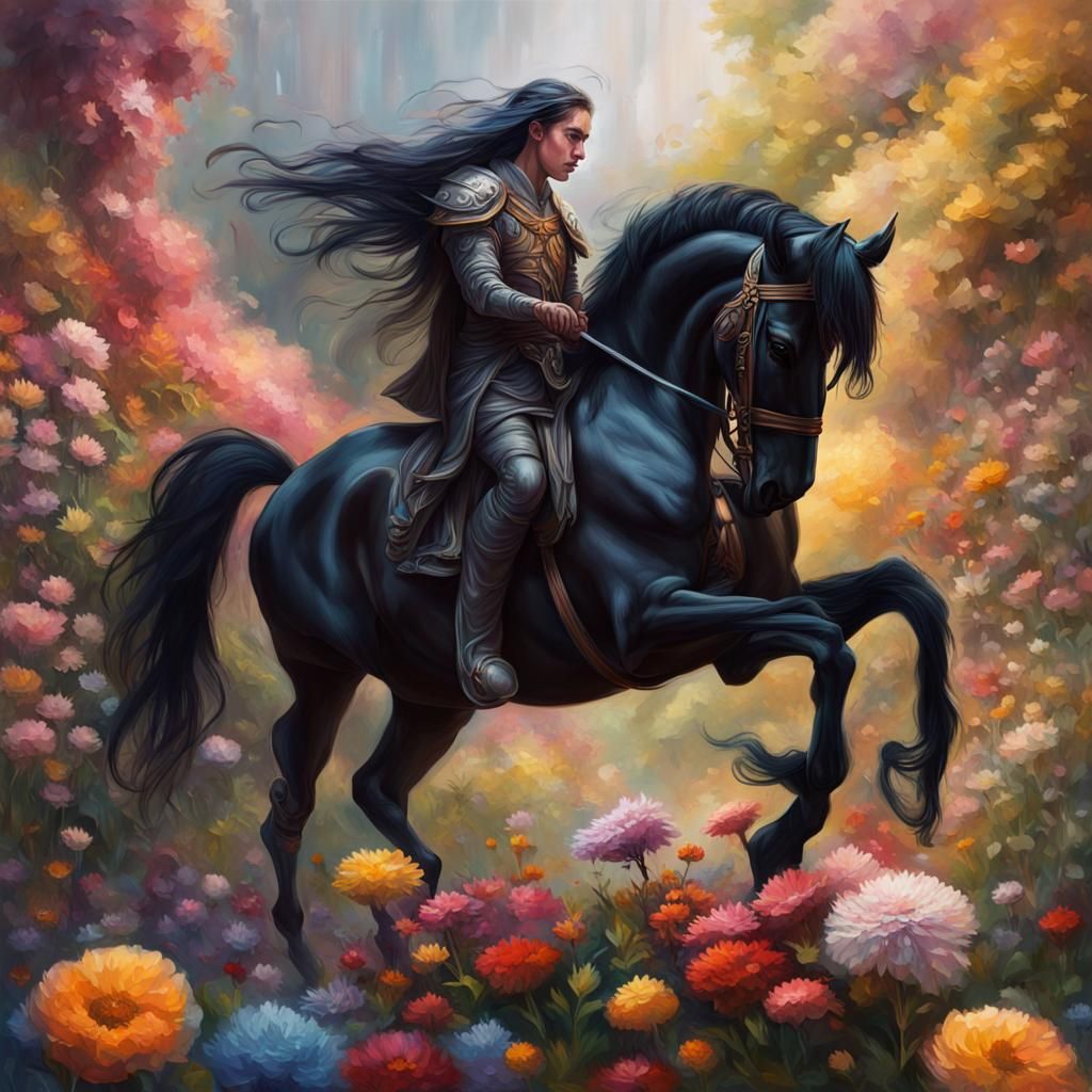 Elf worior ridding black horse amoung flowers - AI Generated Artwork ...