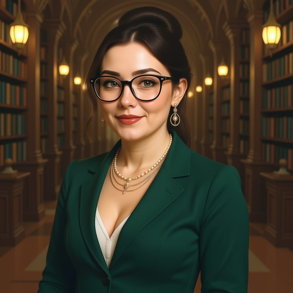 A confident, sassy librarian with her hair in a neat bun, wearing bifocal glasses on a beaded chain. She stands in a grand library filled wi...