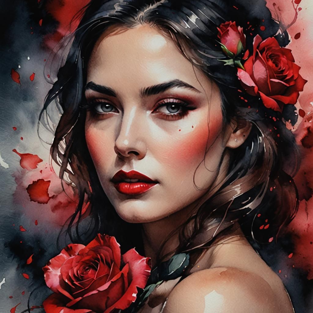 Melancholy Woman Portrait in Watercolor with Rose Petals