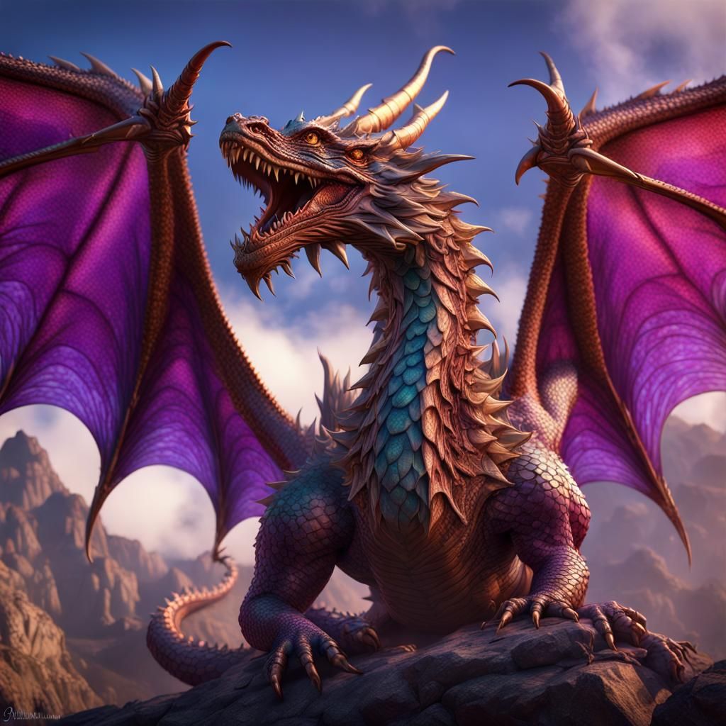 A majestic dragon with shiny, multicolored scales, immense a...