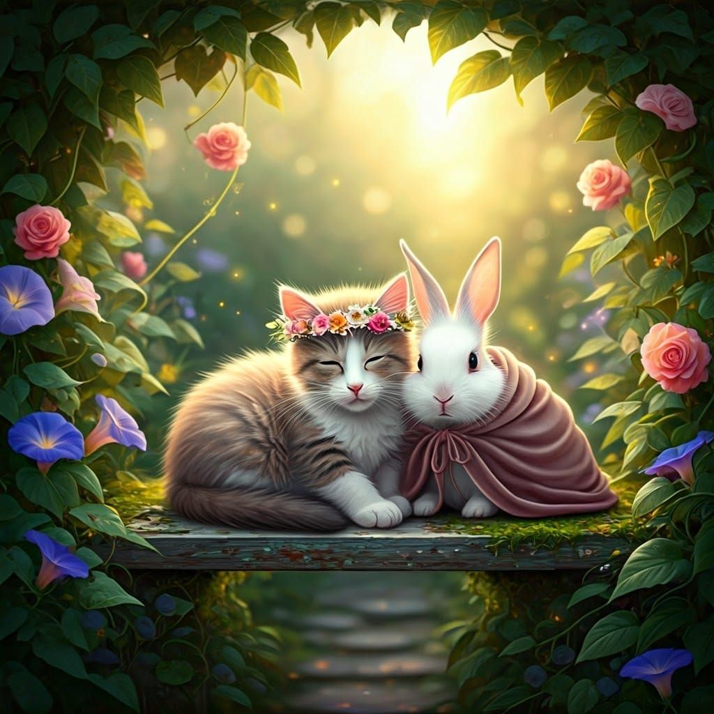 Kitten and Bunny in Secret Garden Wonderland