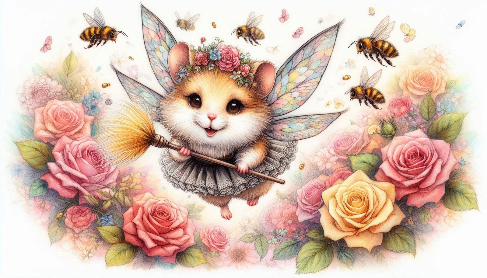 Hammy was assigned to dust the roses (not to chase the bees around)  🌹 01