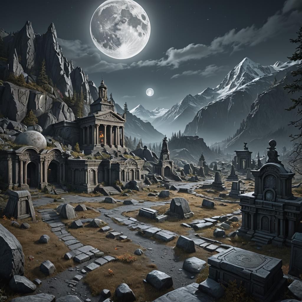 Necropolis in Alaska wilderness under full round grey moon