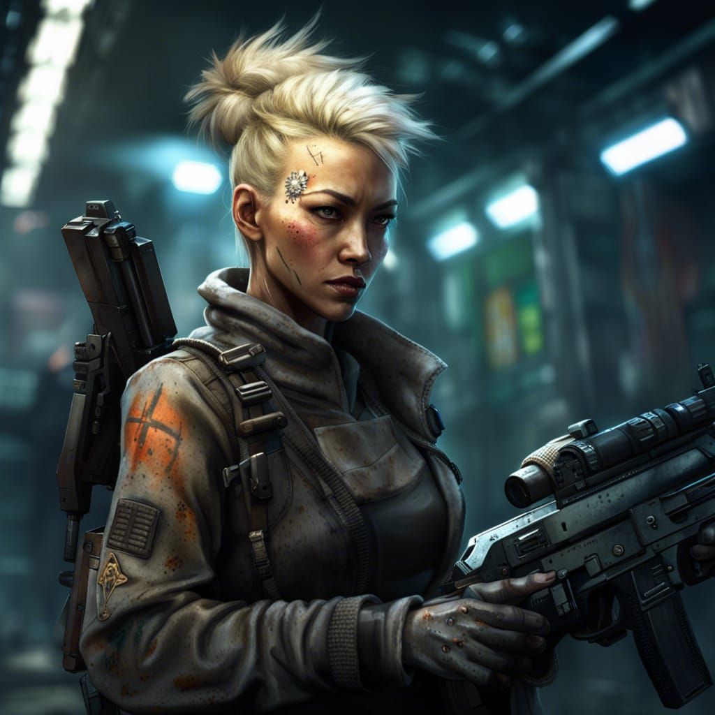 concept art, female, sci fi, oriental street mercenary, aiming assault ...