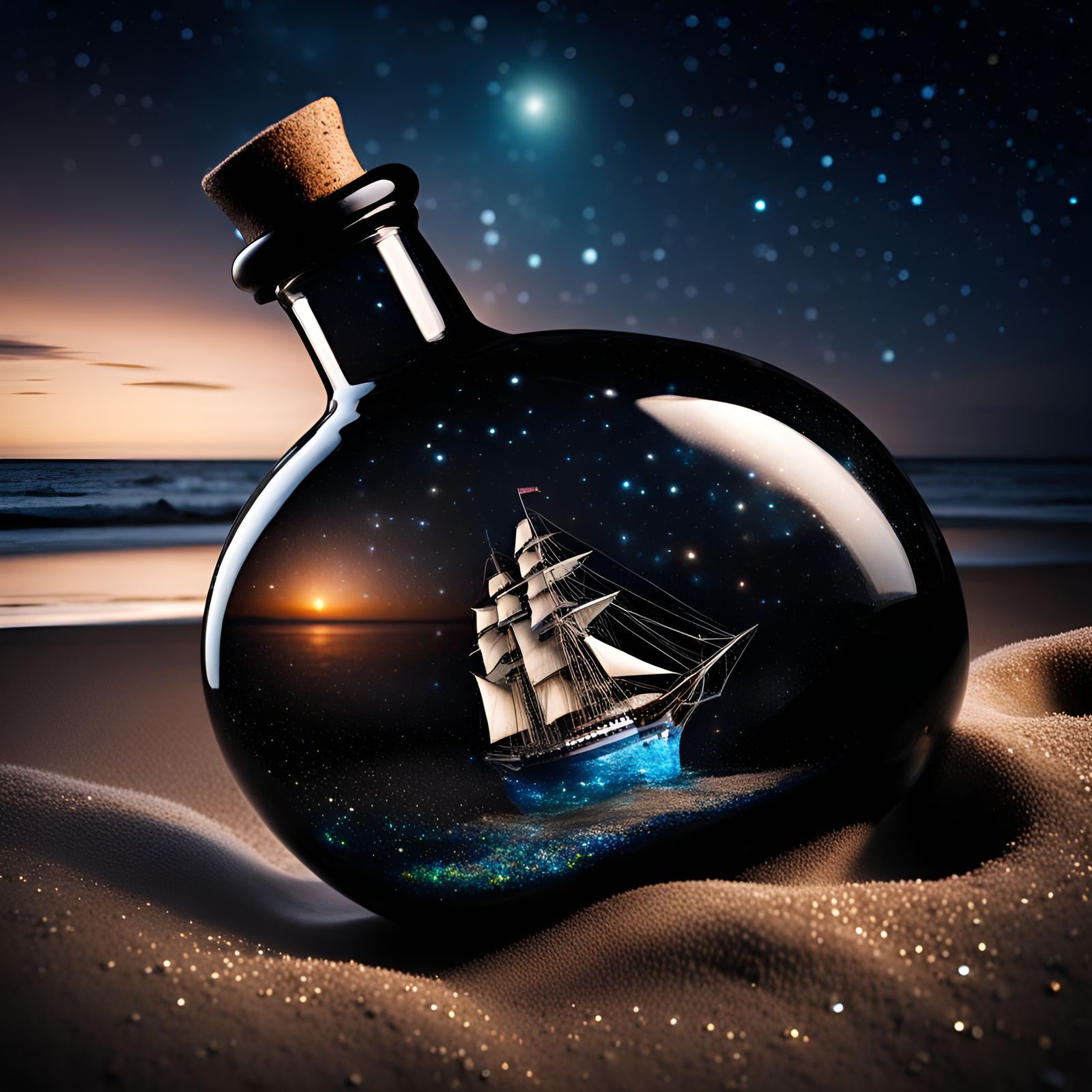 Huge tall ship in a bottle, Huge shimmering carnival glass b...