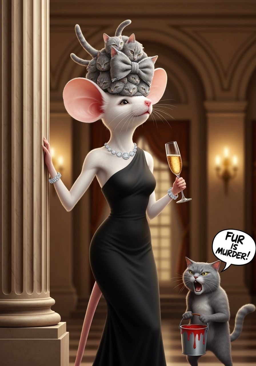 The mouse drunkenly falls back against the column, ungracefully slides down it, spilling the champagne into her face. The cat is surprised a...