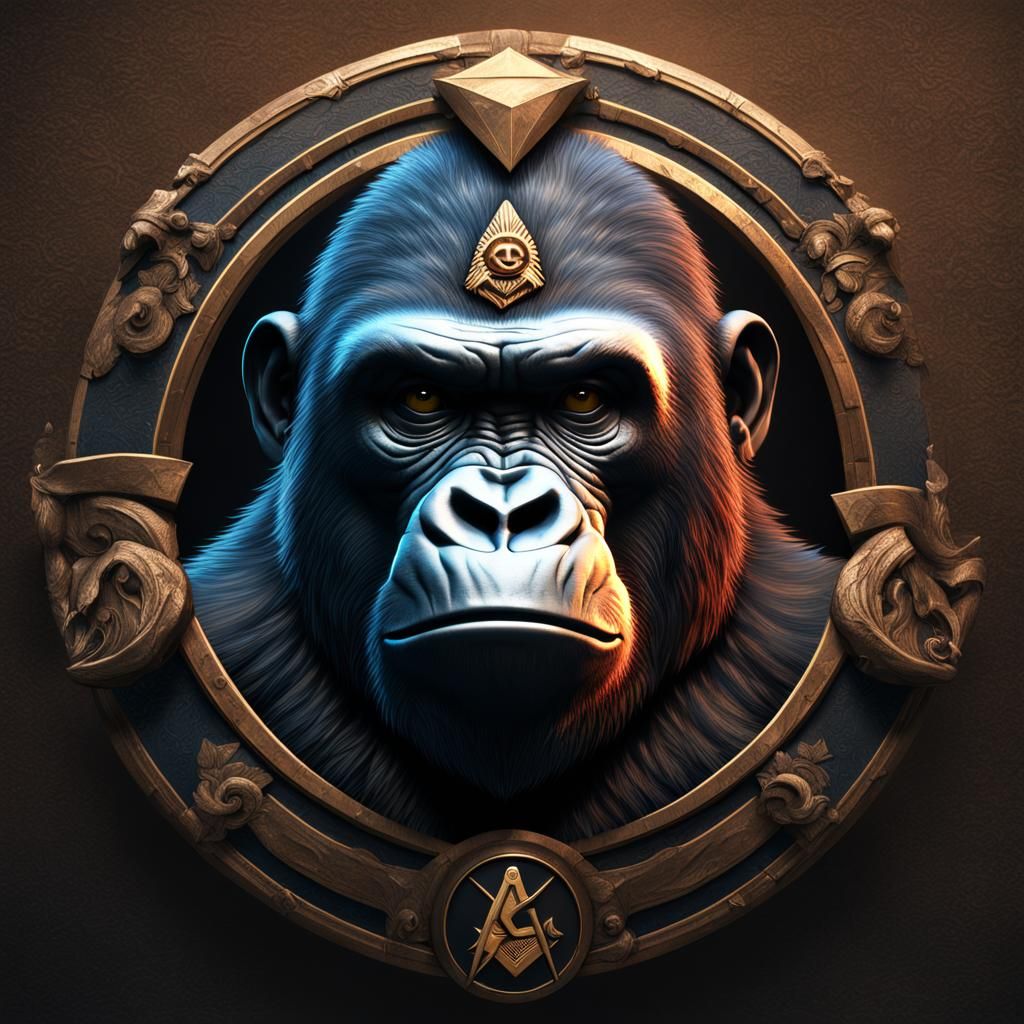 Hyper realistic gorilla head shield with Masonic emblem