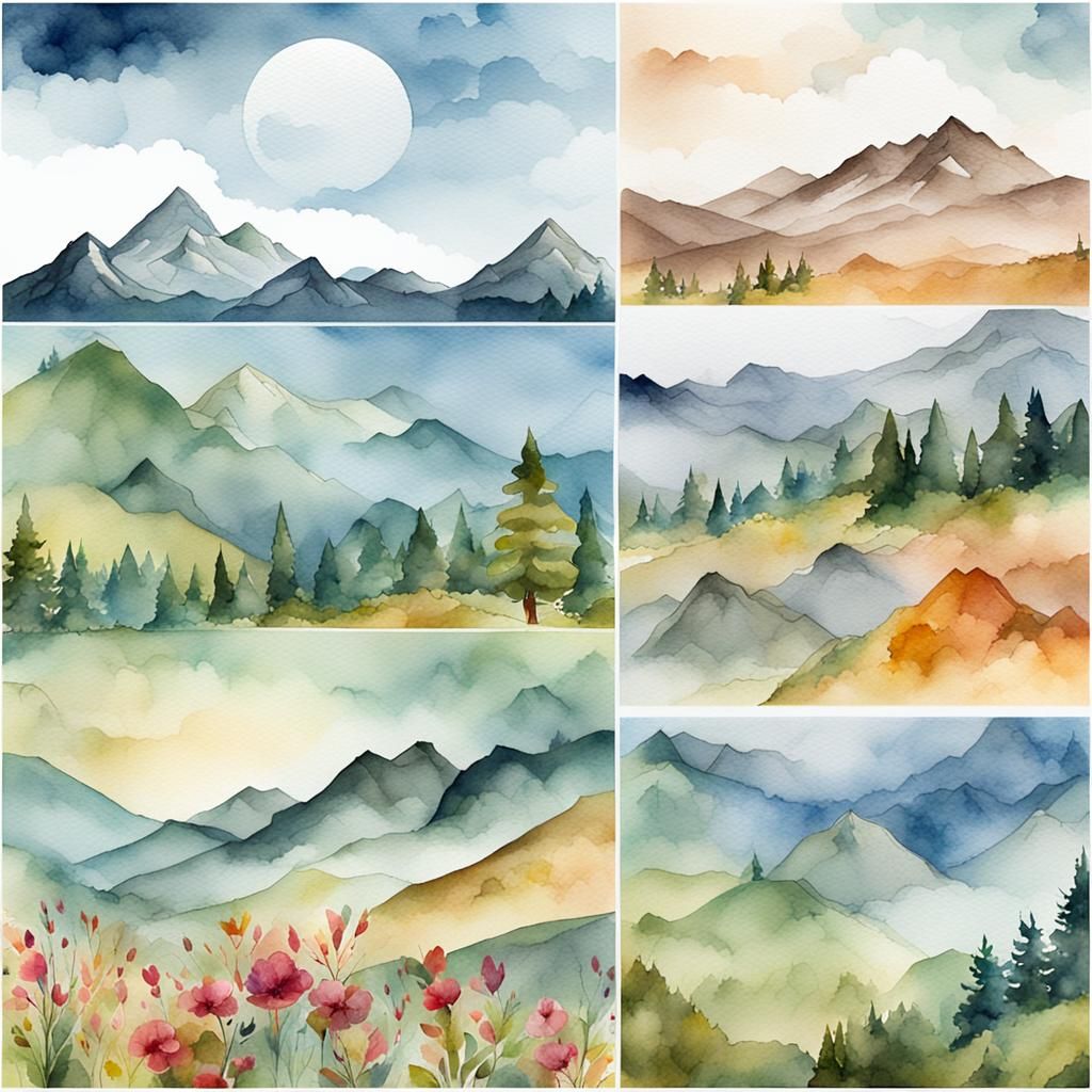 Mountain Landscape Clipart, 1High Quality JPGs, Watercolor Art, Card