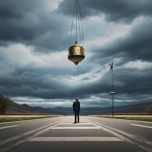 A man stands in the middle of a road, facing a giant bell that is ...