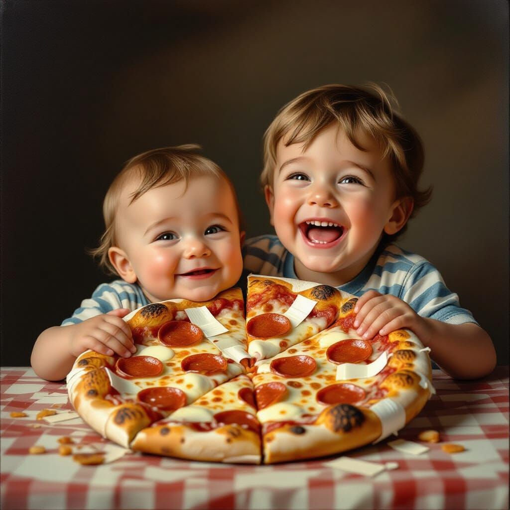 Baby Hugs Torn Pizza With Brother Laughing Behind