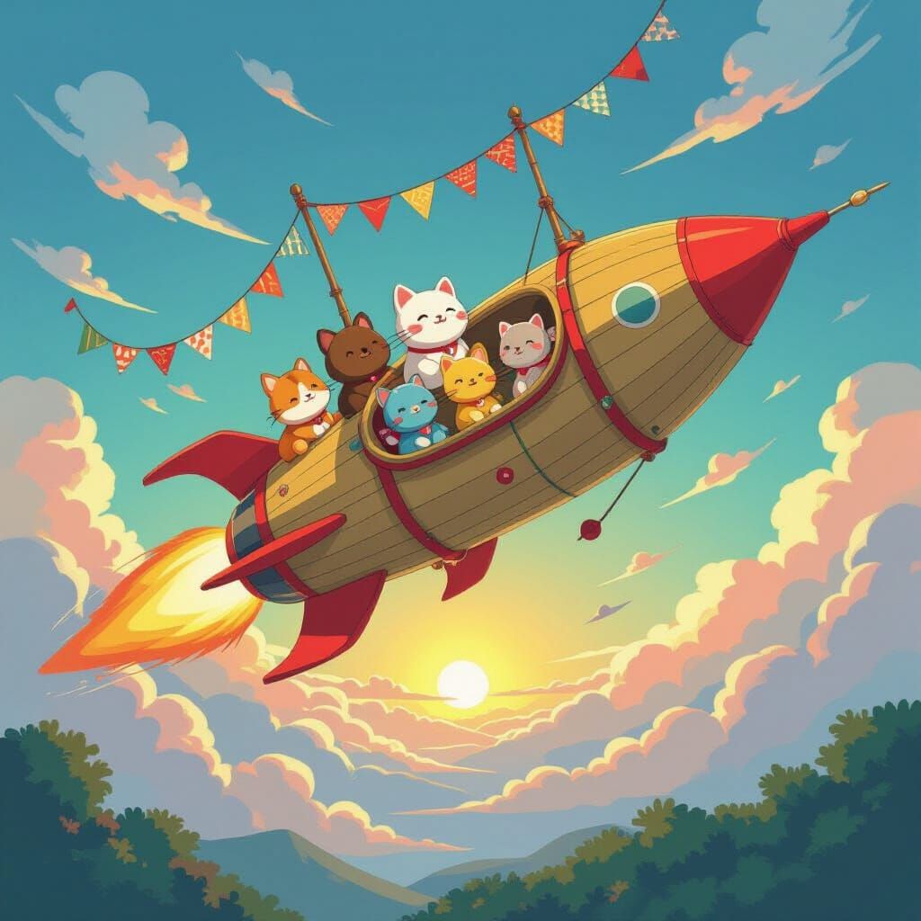 Whimsical Rocket Ship Adventure in Anime Style