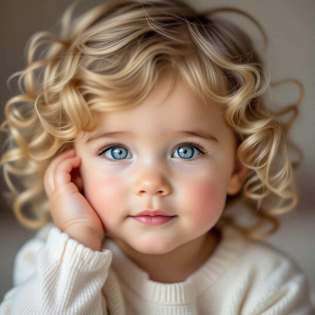 Curly Blonde Baby with Sea-Blue Eyes Close-Up Portrait